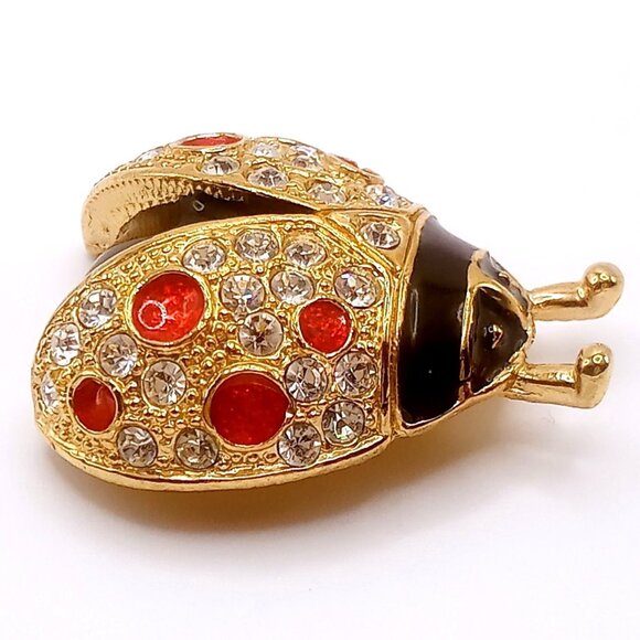 Roman Ladybug Brooch Gold Tone Black Red Enamel White Rhinestone Lapel Pin VTG - Picture 2 of 11